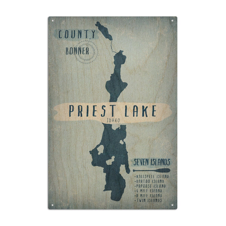 Priest Lake, Idaho, Lake Essentials, Shape, Acreage & County, Lantern Press Artwork, Wood Signs and Postcards Wood Lantern Press 6x9 Wood Sign