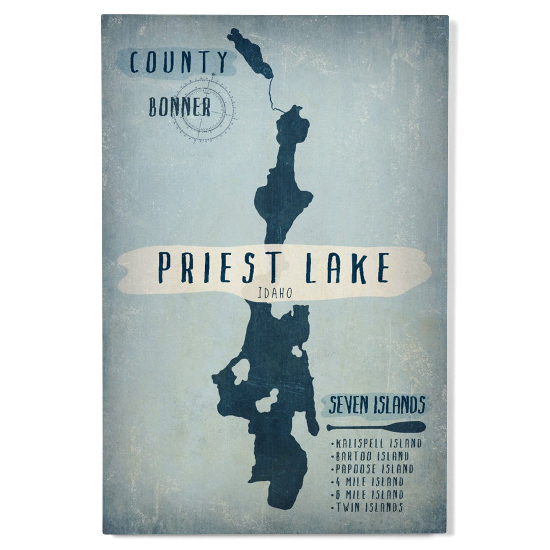 Priest Lake, Idaho, Lake Essentials, Shape, Acreage & County, Lantern Press Artwork, Wood Signs and Postcards Wood Lantern Press