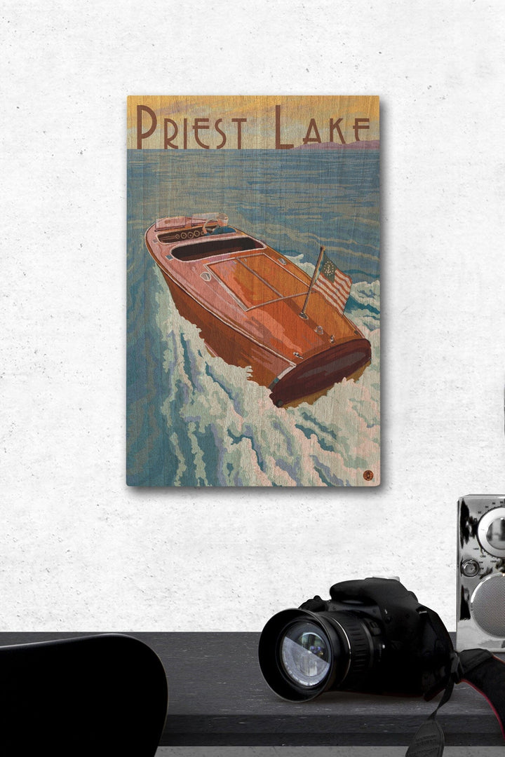Priest Lake, Idaho, Wooden Boat, Lantern Press Artwork, Wood Signs and Postcards Wood Lantern Press 12 x 18 Wood Gallery Print
