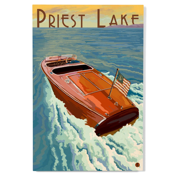 Priest Lake, Idaho, Wooden Boat, Lantern Press Artwork, Wood Signs and Postcards Wood Lantern Press