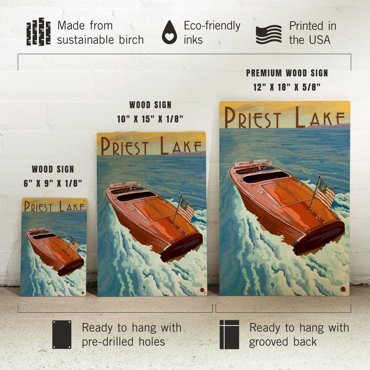 Priest Lake, Idaho, Wooden Boat, Lantern Press Artwork, Wood Signs and Postcards Wood Lantern Press