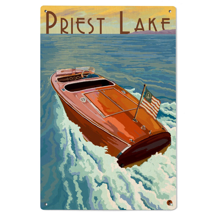 Priest Lake, Idaho, Wooden Boat, Lantern Press Artwork, Wood Signs and Postcards Wood Lantern Press