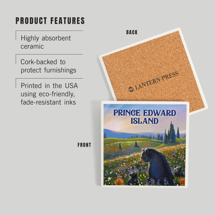 Prince Edward Island, Lithograph, Bear Family in Field, Coasters Coasters Lantern Press