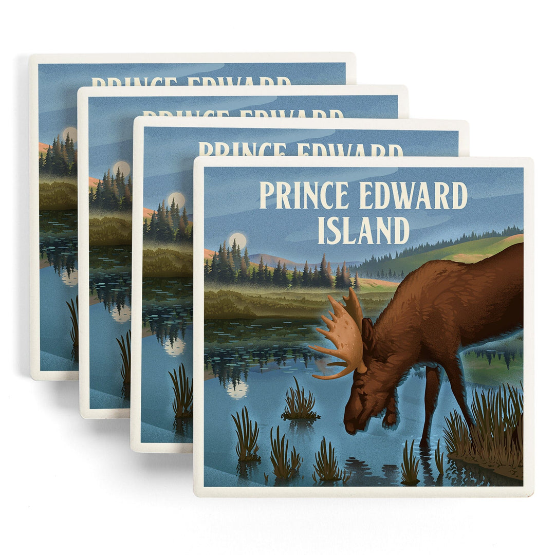 Prince Edward Island, Lithograph, Reflection Pond and Bull Moose, Coasters Coasters Lantern Press