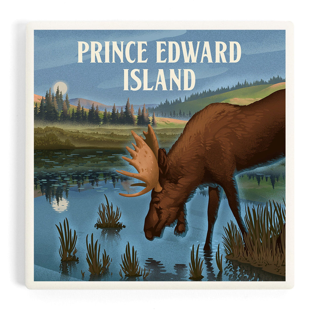 Prince Edward Island, Lithograph, Reflection Pond and Bull Moose, Coasters Coasters Lantern Press Coaster