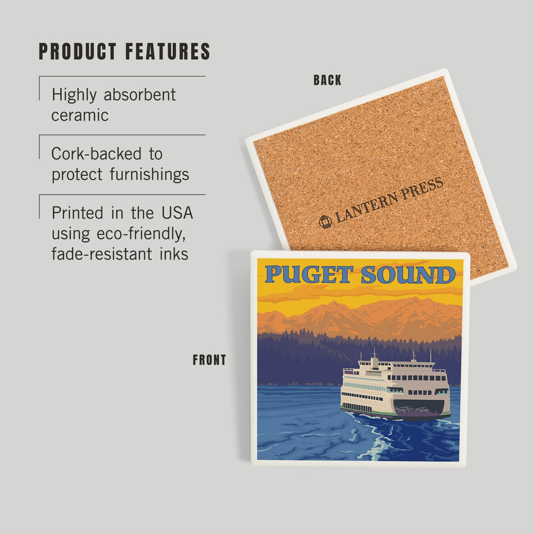 Puget Sound, Ferry and Mountains, Coasters Coasters Lantern Press