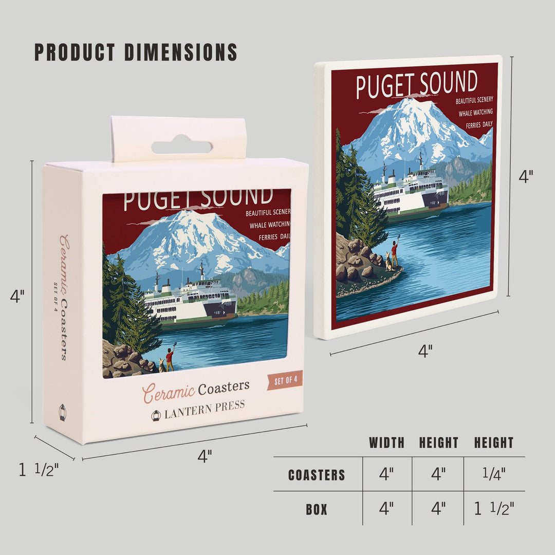 Puget Sound, Washington, Ferry and Mount Rainier Scene, Coasters Coasters Lantern Press