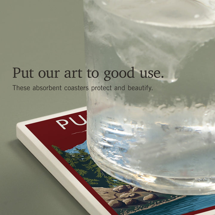 Puget Sound, Washington, Ferry and Mount Rainier Scene, Coasters Coasters Lantern Press