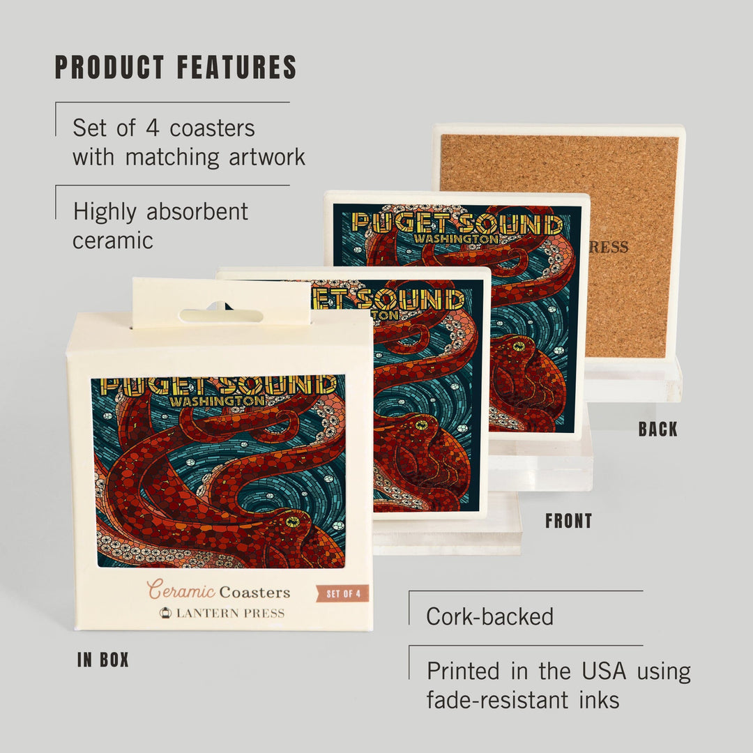 Puget Sound, Washington, Octopus Mosaic, Coasters Coasters Lantern Press