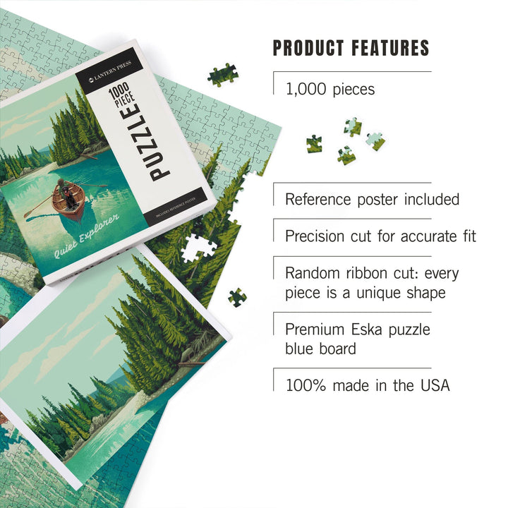 Quiet Explorer, Boating, Hills, Jigsaw Puzzle Puzzle Lantern Press