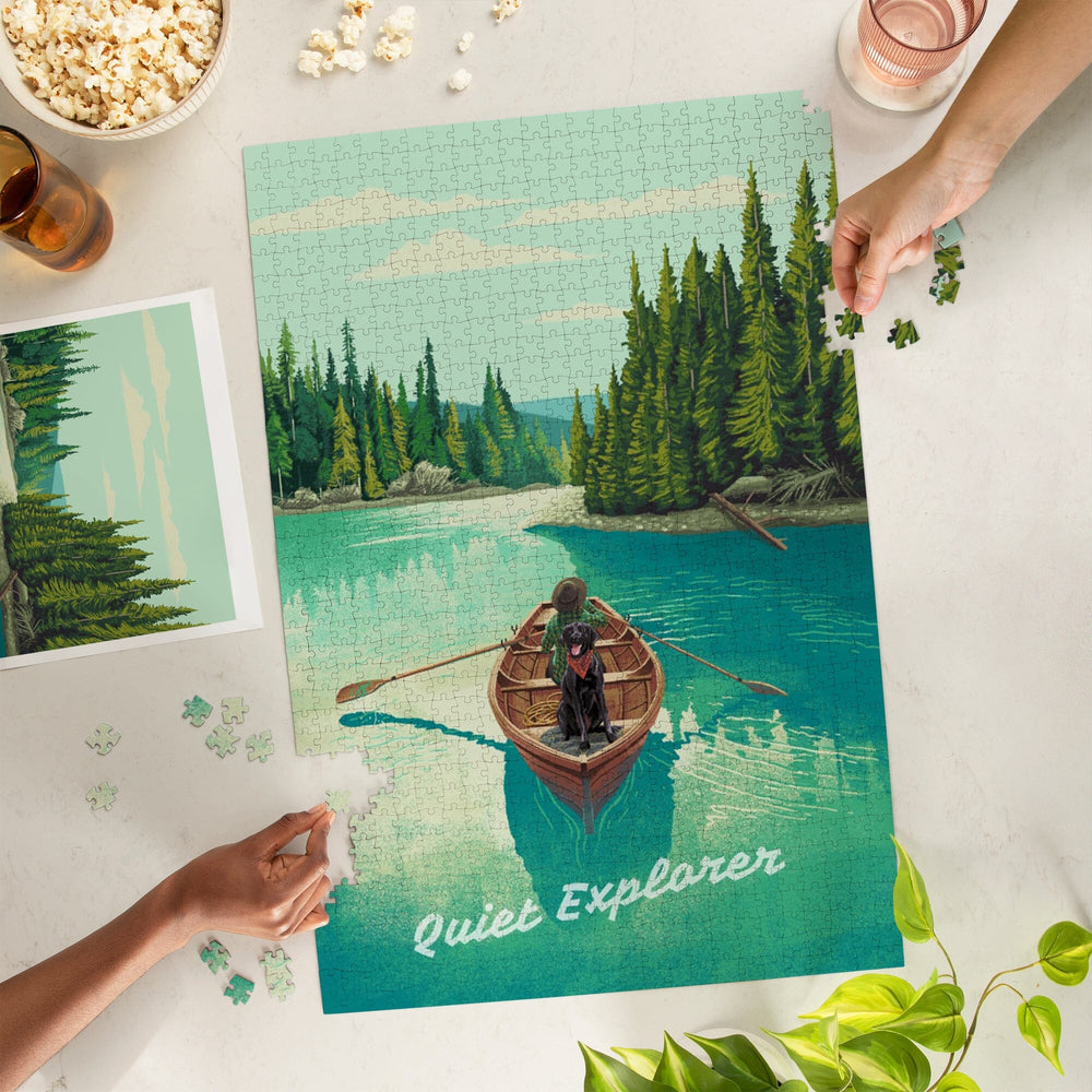 Quiet Explorer, Boating, Hills, Jigsaw Puzzle Puzzle Lantern Press