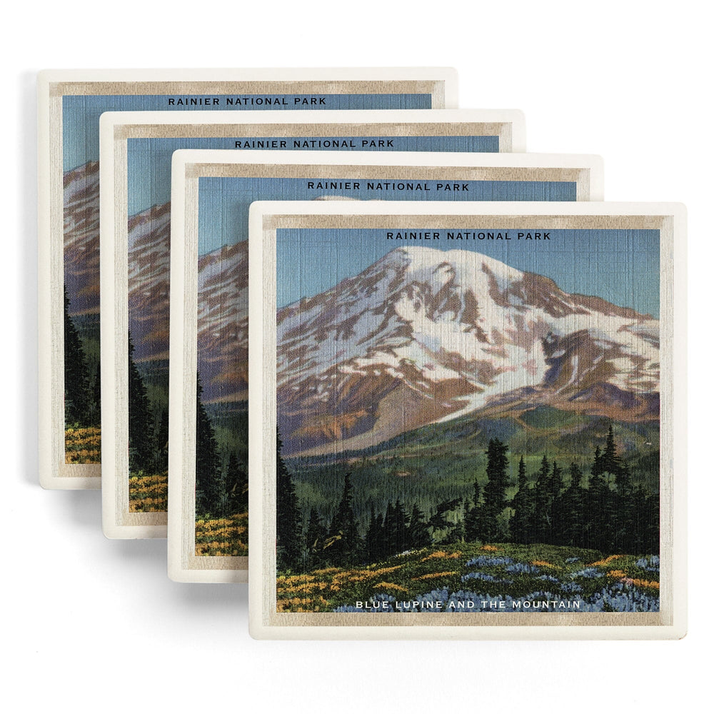 Rainier National Park, WA, View of Mt. Rainier, Blue Lupine Blooming, Coasters Coasters Lantern Press