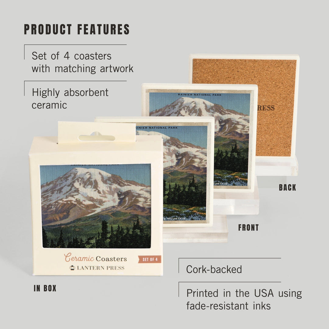 Rainier National Park, WA, View of Mt. Rainier, Blue Lupine Blooming, Coasters Coasters Lantern Press