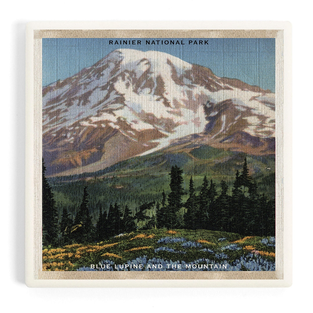Rainier National Park, WA, View of Mt. Rainier, Blue Lupine Blooming, Coasters Coasters Lantern Press