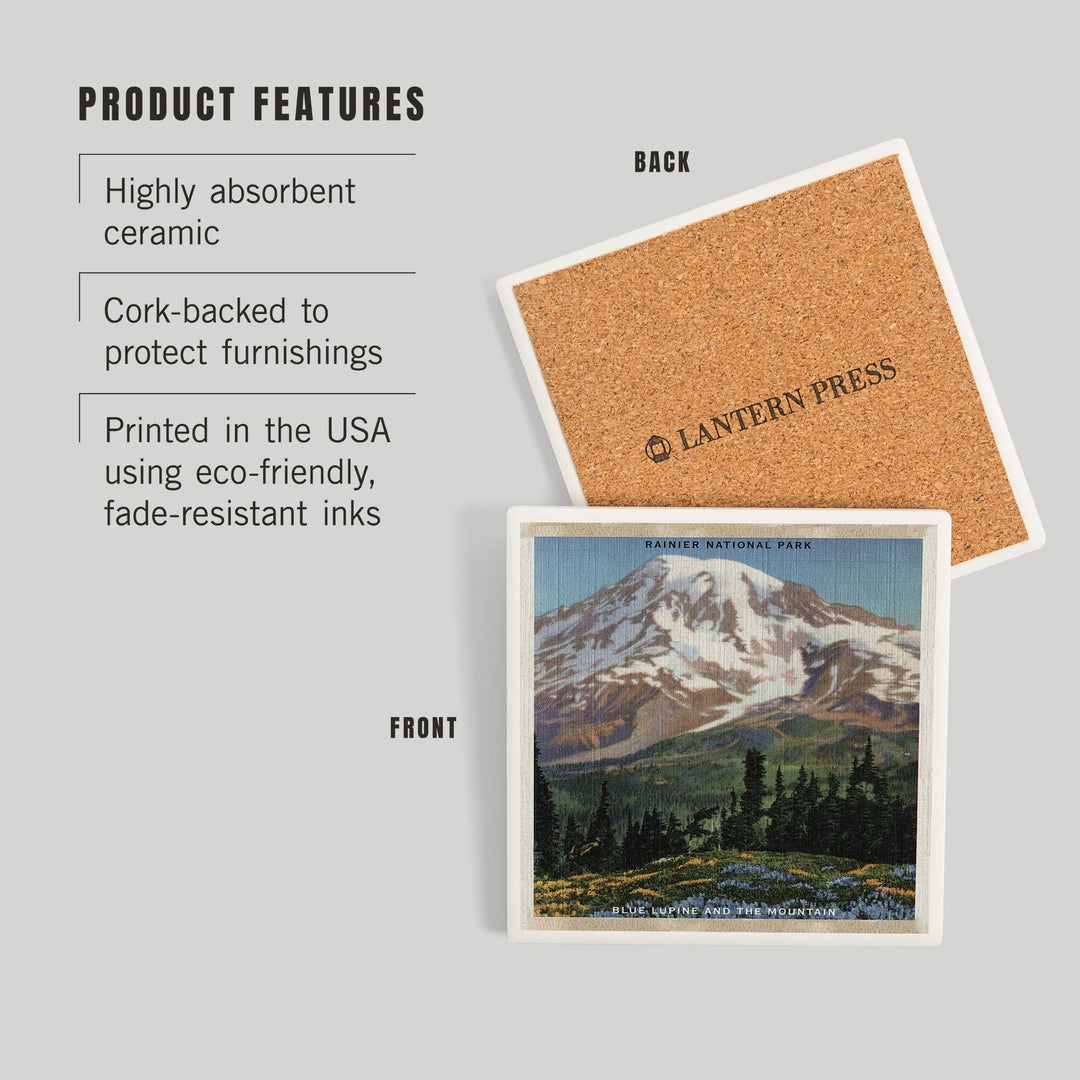 Rainier National Park, WA, View of Mt. Rainier, Blue Lupine Blooming, Coasters Coasters Lantern Press