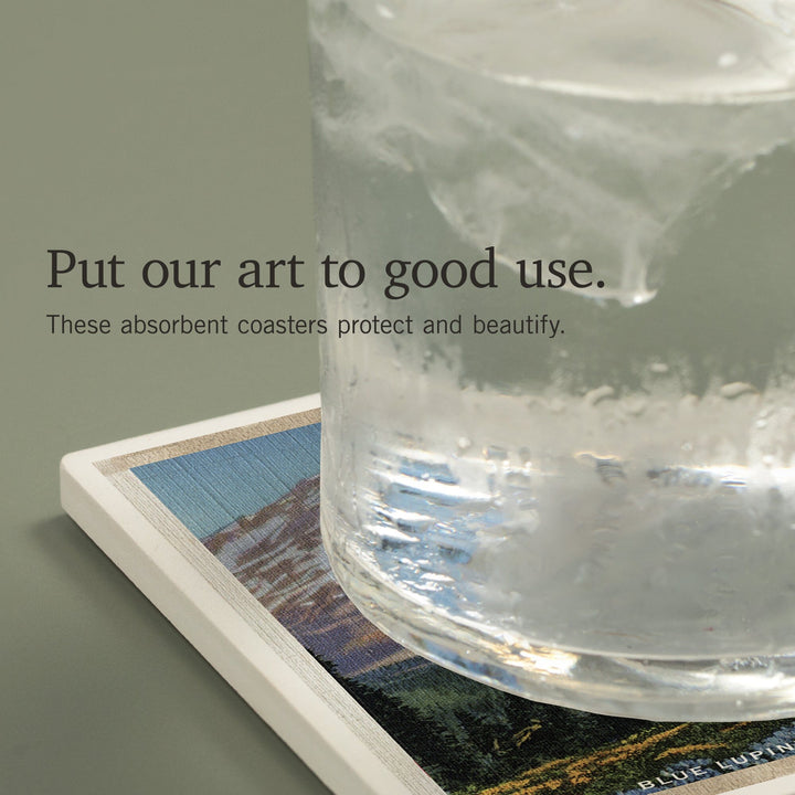 Rainier National Park, WA, View of Mt. Rainier, Blue Lupine Blooming, Coasters Coasters Lantern Press