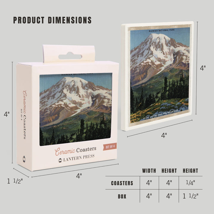 Rainier National Park, WA, View of Mt. Rainier, Blue Lupine Blooming, Coasters Coasters Lantern Press
