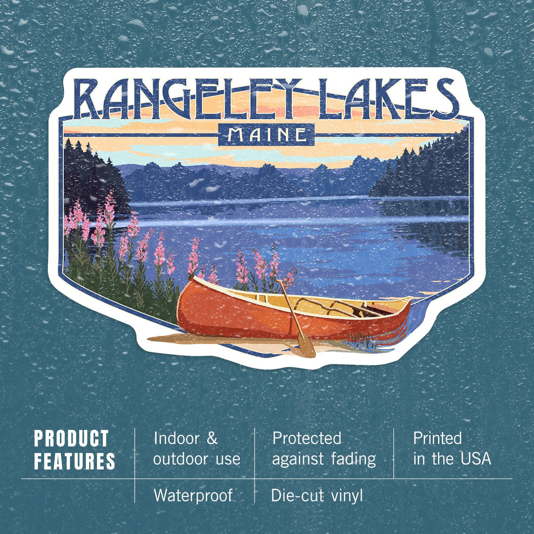 Rangeley Lakes, Maine, Canoe & Lake, Contour, Lantern Press Artwork, Vinyl Sticker Sticker Lantern Press