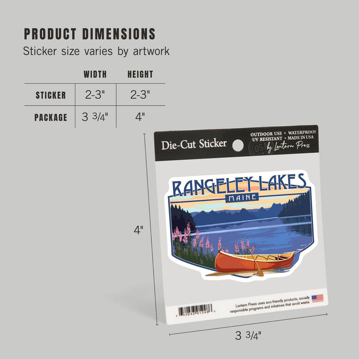 Rangeley Lakes, Maine, Canoe & Lake, Contour, Lantern Press Artwork, Vinyl Sticker Sticker Lantern Press