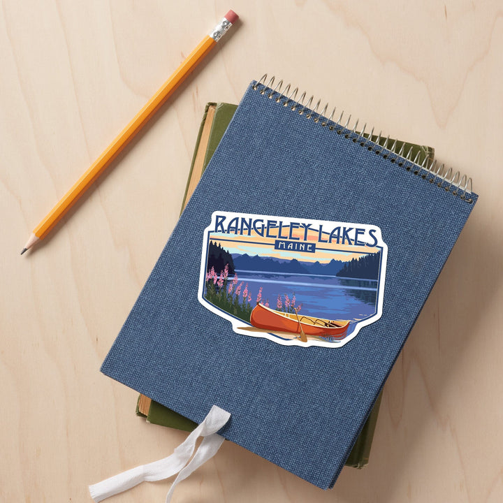 Rangeley Lakes, Maine, Canoe & Lake, Contour, Lantern Press Artwork, Vinyl Sticker Sticker Lantern Press