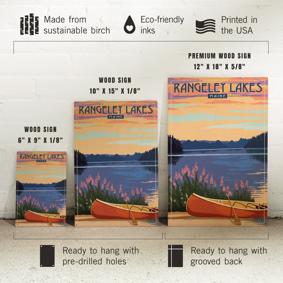 Rangeley Lakes, Maine, Canoe & Lake, Lantern Press Artwork, Wood Signs and Postcards Wood Lantern Press