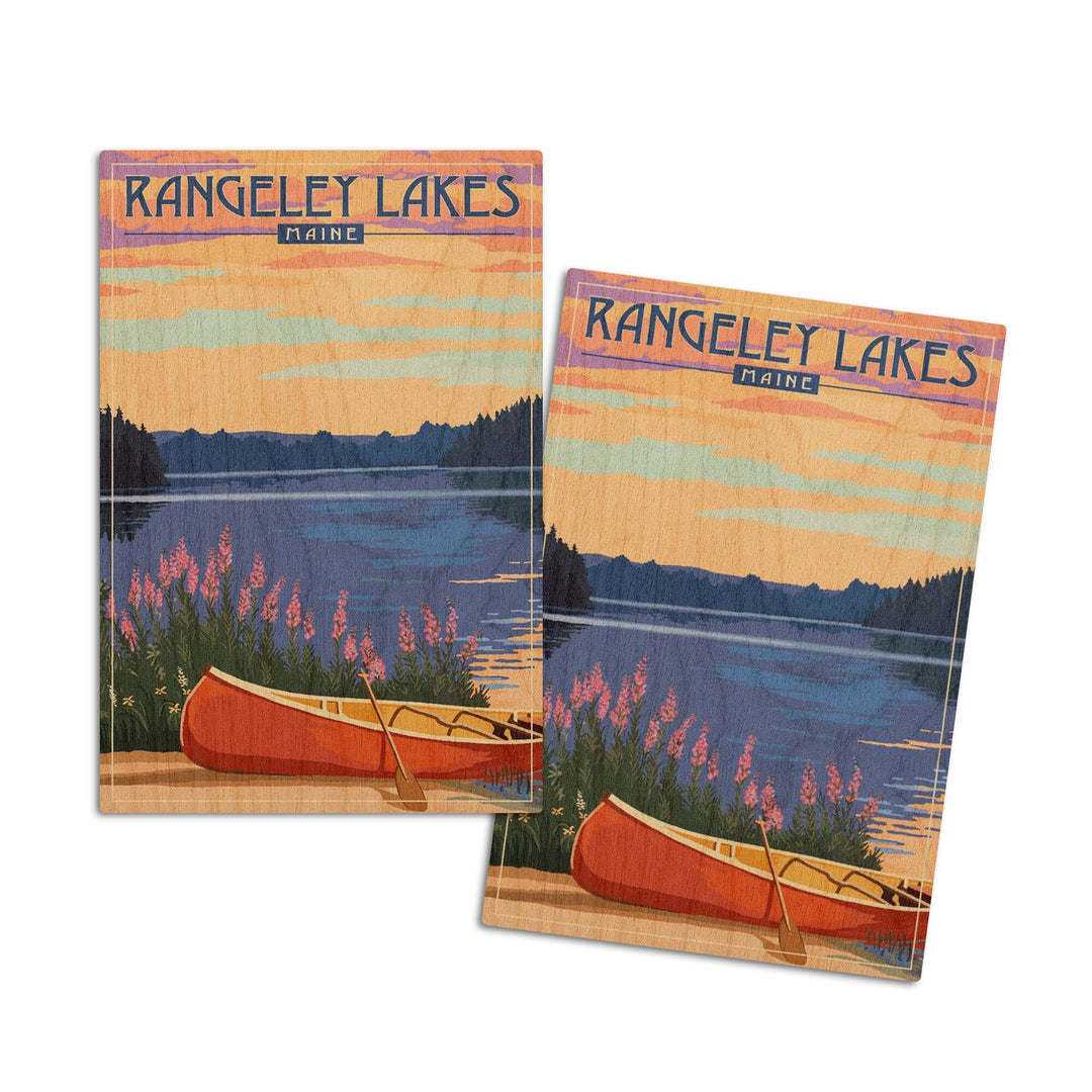 Rangeley Lakes, Maine, Canoe & Lake, Lantern Press Artwork, Wood Signs and Postcards Wood Lantern Press 4x6 Wood Postcard Set