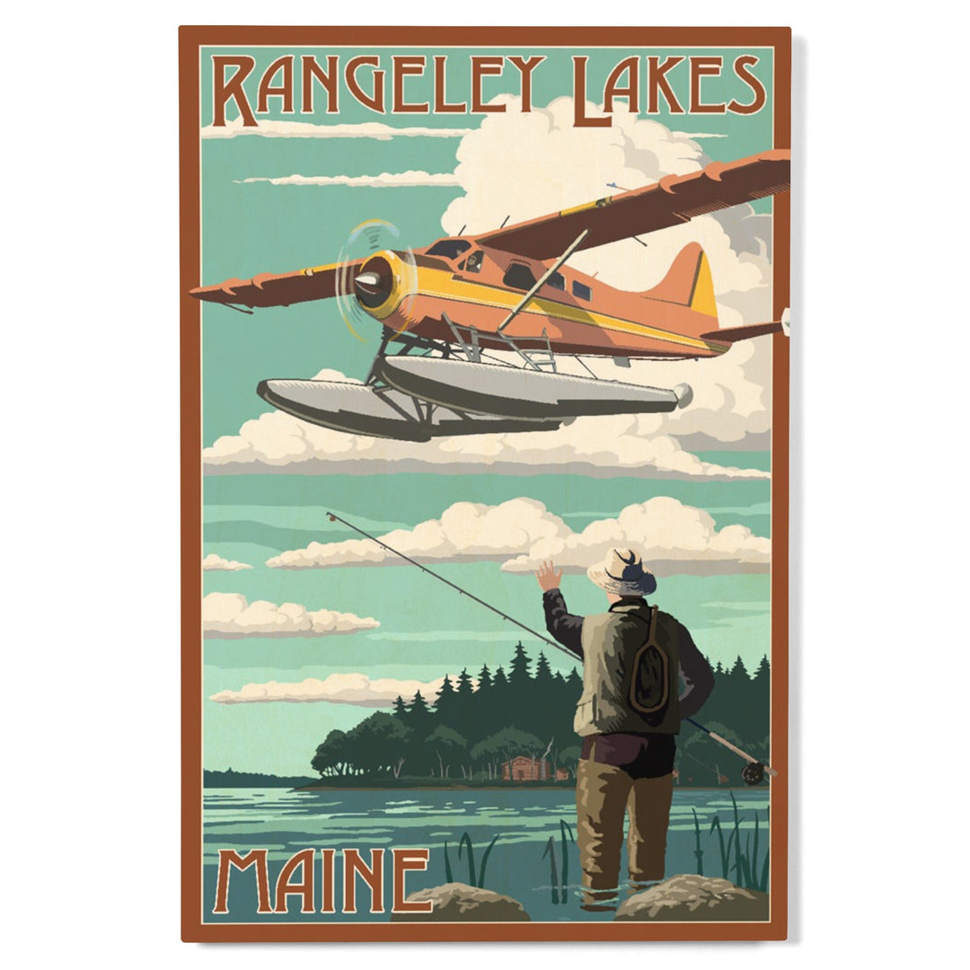 Rangeley Lakes, Maine, Float Plane & Fisherman, Lantern Press Artwork, Wood Signs and Postcards Wood Lantern Press