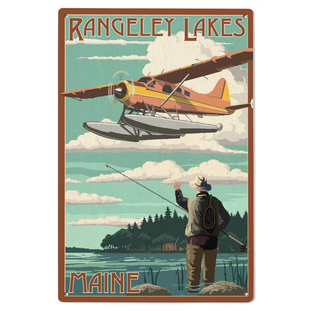Rangeley Lakes, Maine, Float Plane & Fisherman, Lantern Press Artwork, Wood Signs and Postcards Wood Lantern Press