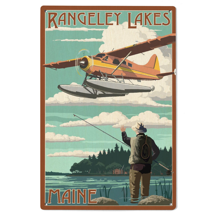 Rangeley Lakes, Maine, Float Plane & Fisherman, Lantern Press Artwork, Wood Signs and Postcards Wood Lantern Press