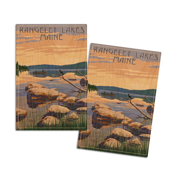 Rangeley Lakes, Maine, Lake Sunrise Scene, Lantern Press Artwork, Wood Signs and Postcards Wood Lantern Press 4x6 Wood Postcard Set