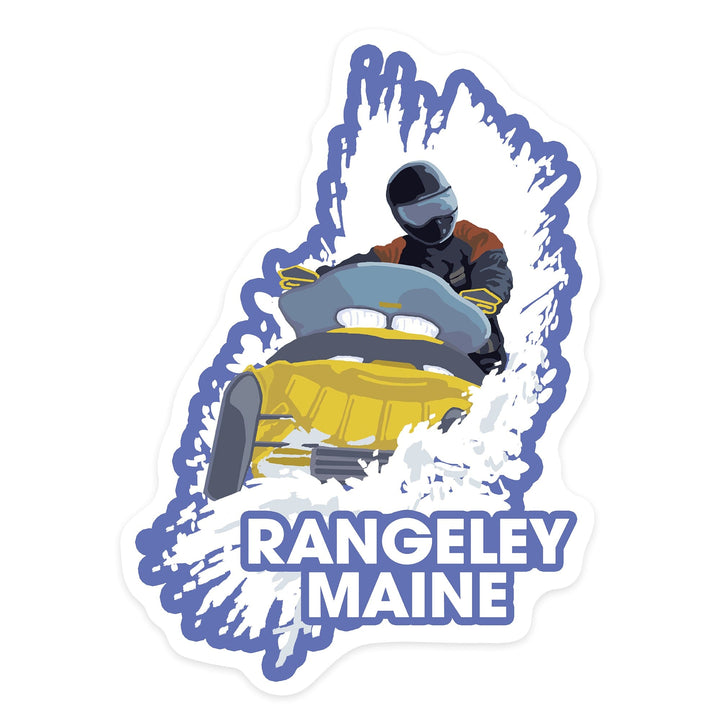 Rangeley, Maine, Snowmobile Scene, Contour, Vinyl Sticker Sticker Lantern Press