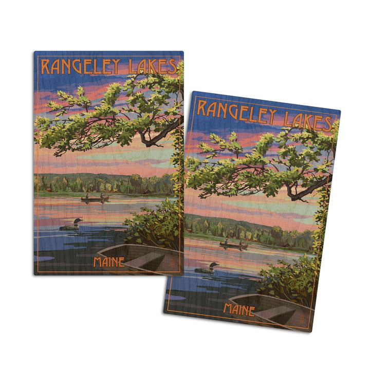Rangeley, Maine, Summer Lake Sunset Scene, Lantern Press Artwork, Wood Signs and Postcards Wood Lantern Press 4x6 Wood Postcard Set