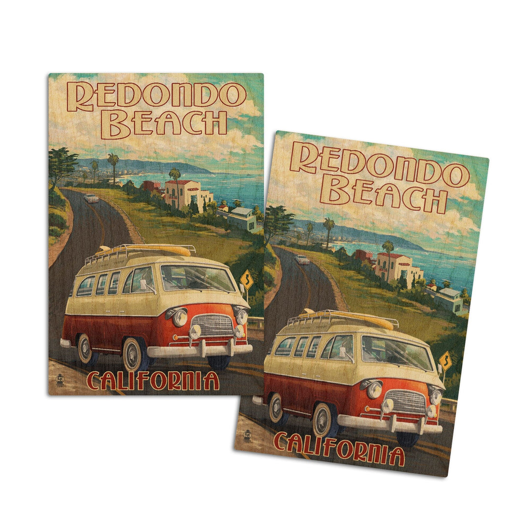 Redondo Beach, California, Camper Van, Lantern Press Artwork, Wood Signs and Postcards Wood Lantern Press 4x6 Wood Postcard Set