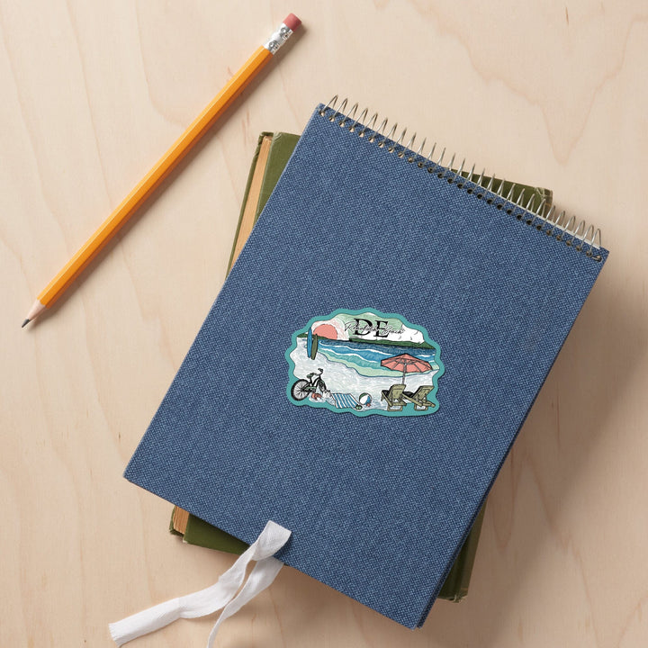 Rehoboth Beach, Delaware, Beach Scene, Sketch, Contour, Vinyl Sticker Sticker Lantern Press