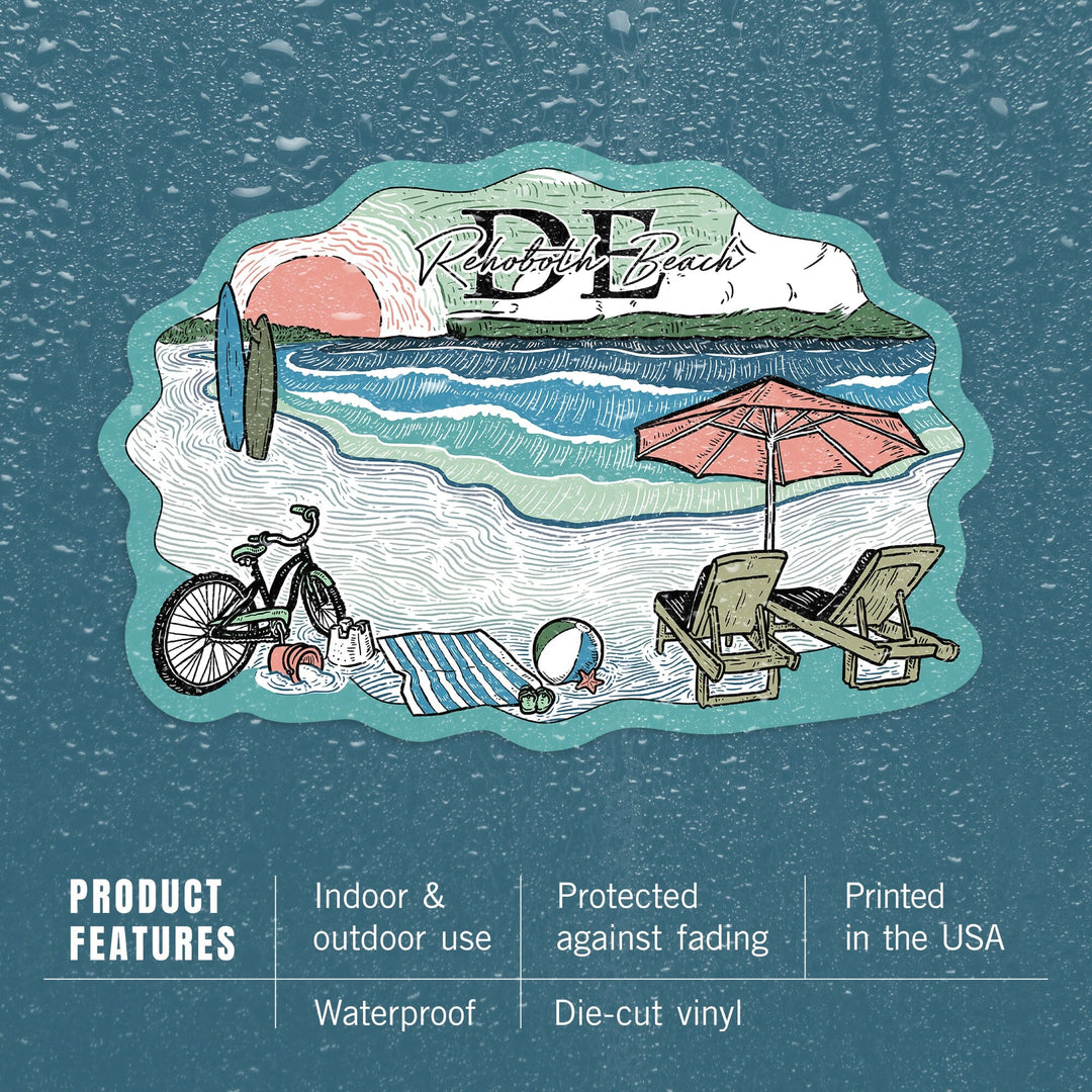 Rehoboth Beach, Delaware, Beach Scene, Sketch, Contour, Vinyl Sticker Sticker Lantern Press