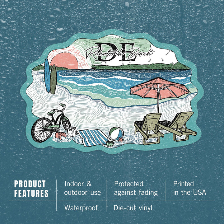 Rehoboth Beach, Delaware, Beach Scene, Sketch, Contour, Vinyl Sticker Sticker Lantern Press