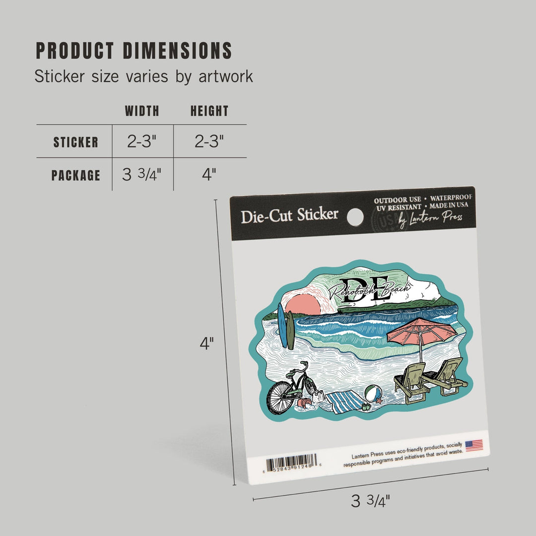 Rehoboth Beach, Delaware, Beach Scene, Sketch, Contour, Vinyl Sticker Sticker Lantern Press