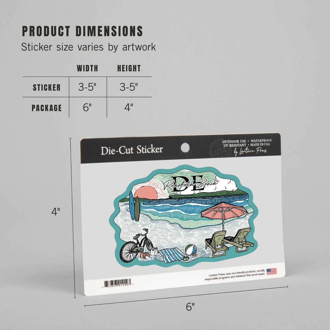 Rehoboth Beach, Delaware, Beach Scene, Sketch, Contour, Vinyl Sticker Sticker Lantern Press