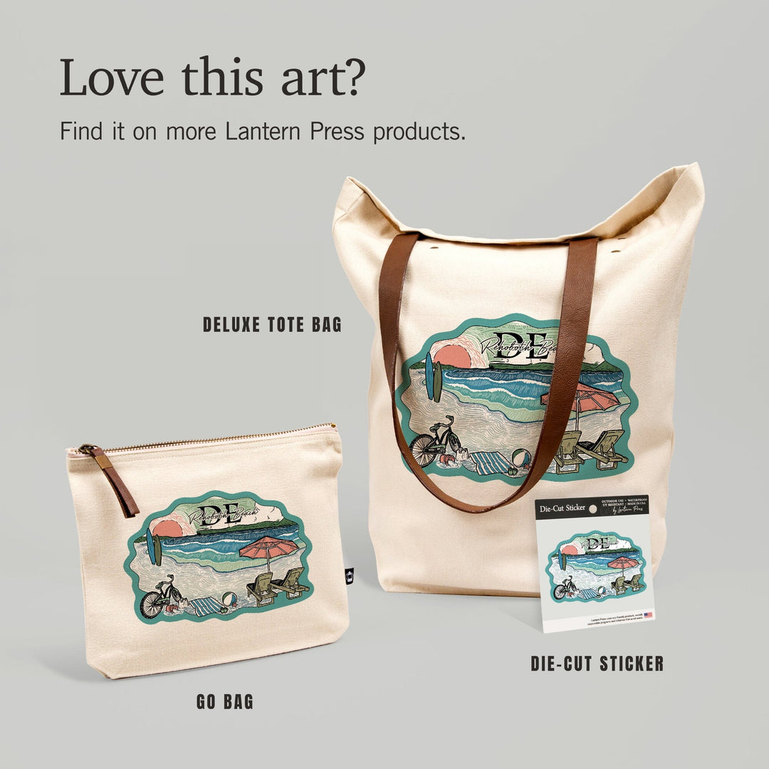 Rehoboth Beach, Delaware, Beach Scene, Sketch, Contour, Vinyl Sticker Sticker Lantern Press