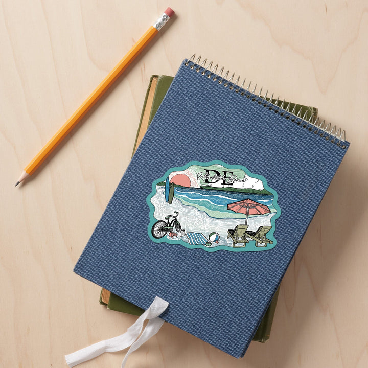 Rehoboth Beach, Delaware, Beach Scene, Sketch, Contour, Vinyl Sticker Sticker Lantern Press