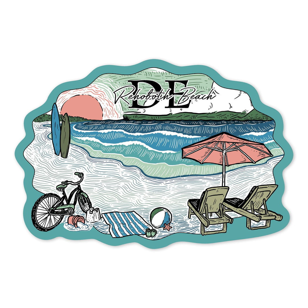 Rehoboth Beach, Delaware, Beach Scene, Sketch, Contour, Vinyl Sticker Sticker Lantern Press