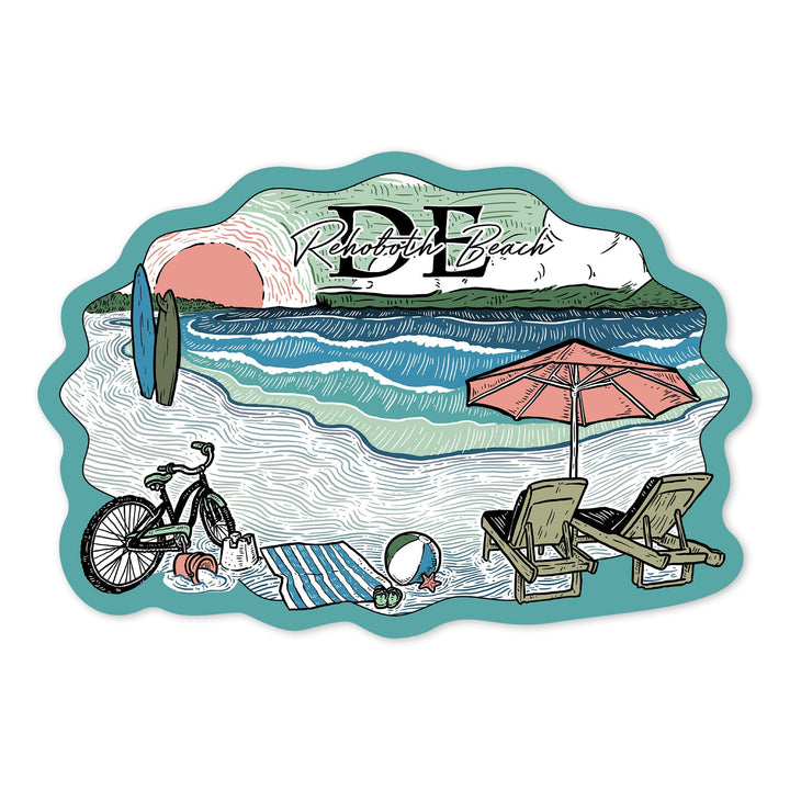 Rehoboth Beach, Delaware, Beach Scene, Sketch, Contour, Vinyl Sticker Sticker Lantern Press