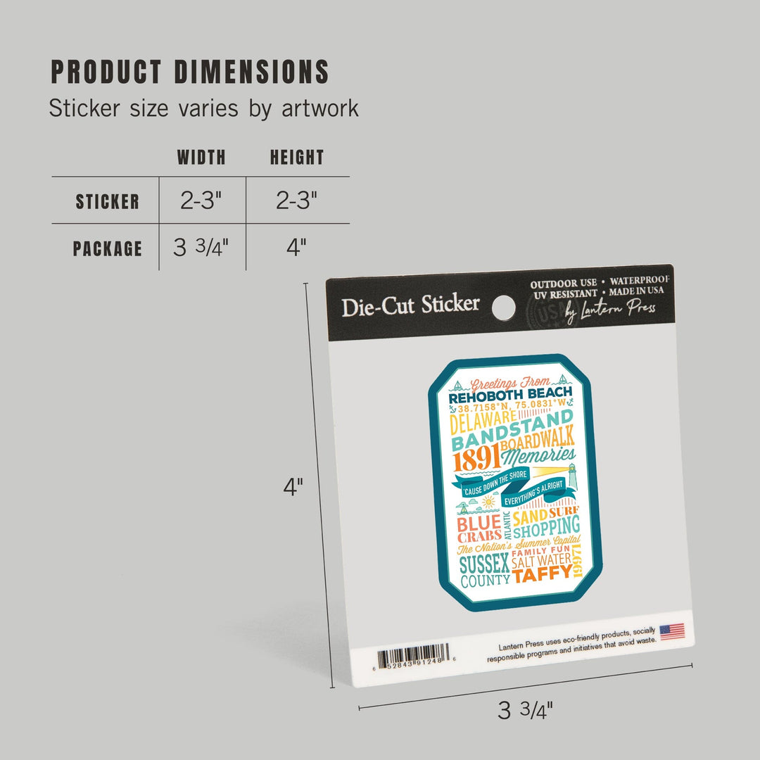 Rehoboth Beach, Delaware, Typography, New, Contour, Vinyl Sticker Sticker Lantern Press