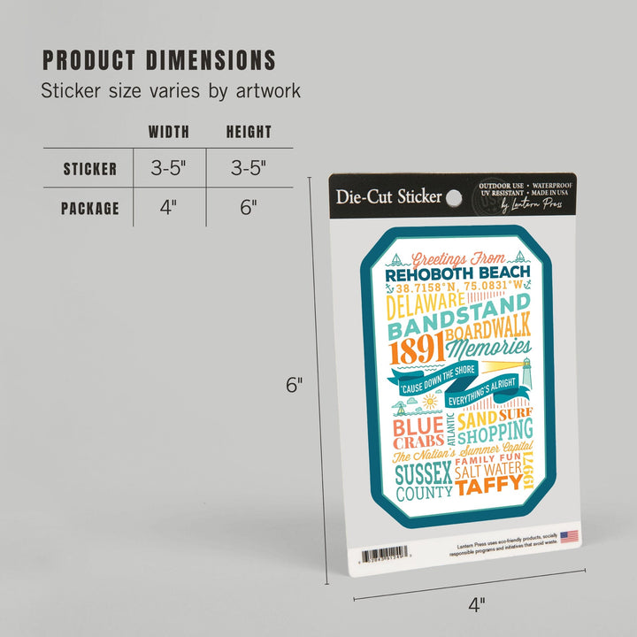 Rehoboth Beach, Delaware, Typography, New, Contour, Vinyl Sticker Sticker Lantern Press