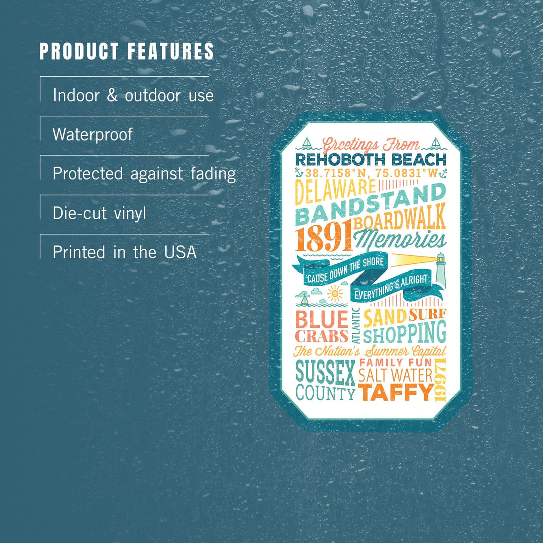 Rehoboth Beach, Delaware, Typography, New, Contour, Vinyl Sticker Sticker Lantern Press