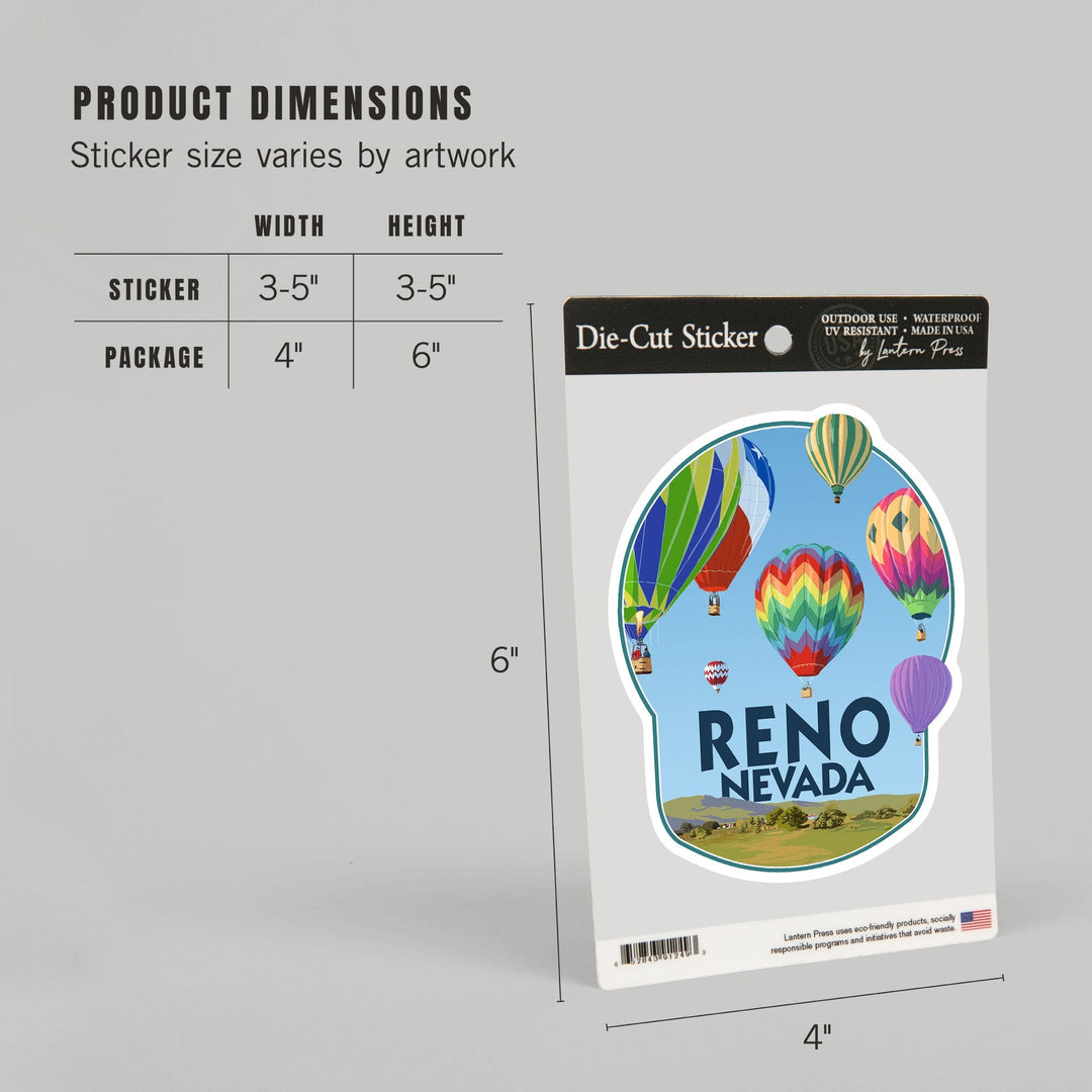 Reno, Nevada, Hot Air Balloons, Contour, Lantern Press Artwork, Vinyl Sticker Sticker Lantern Press