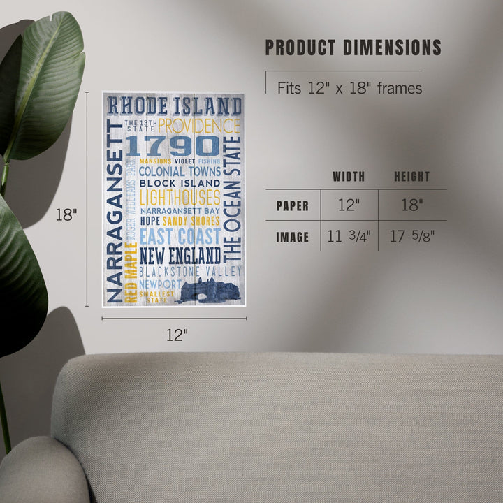 Rhode Island, Rustic Typography with Narragansett Tower, Art & Giclee Prints Art Lantern Press