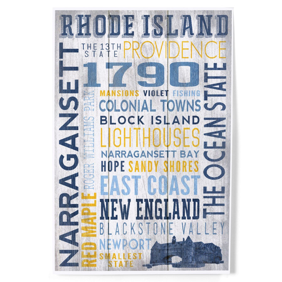 Rhode Island, Rustic Typography with Narragansett Tower, Art & Giclee Prints Art Lantern Press