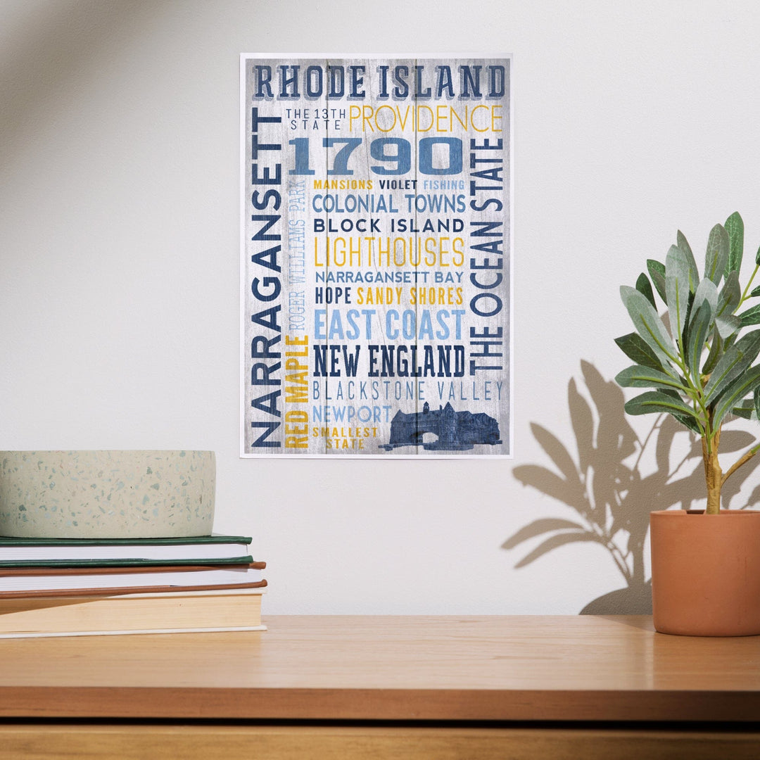 Rhode Island, Rustic Typography with Narragansett Tower, Art & Giclee Prints Art Lantern Press
