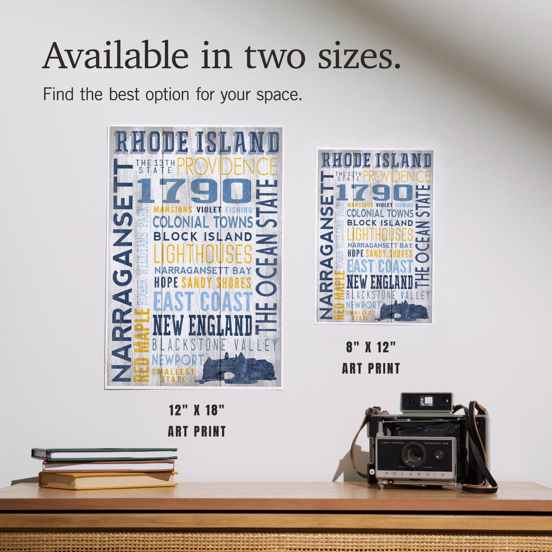 Rhode Island, Rustic Typography with Narragansett Tower, Art & Giclee Prints Art Lantern Press